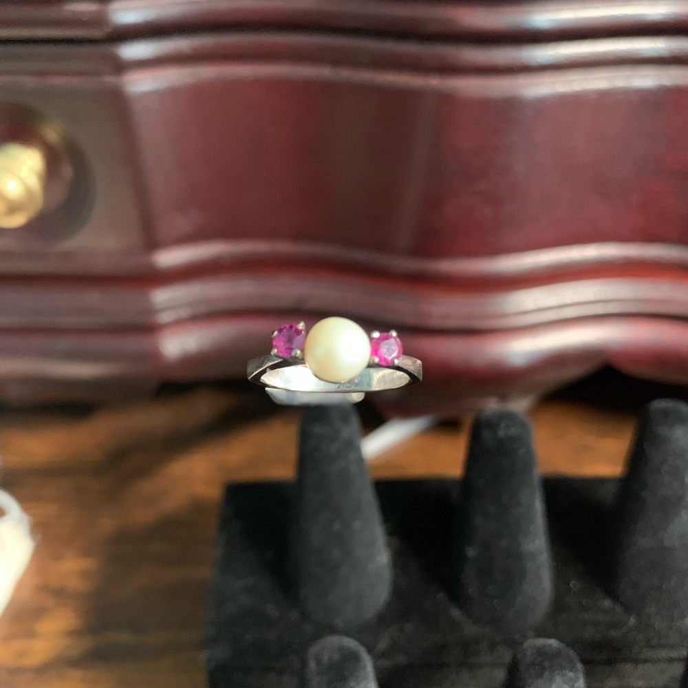 Pearl and Pink Gemstone Ring - White Pearl Accent